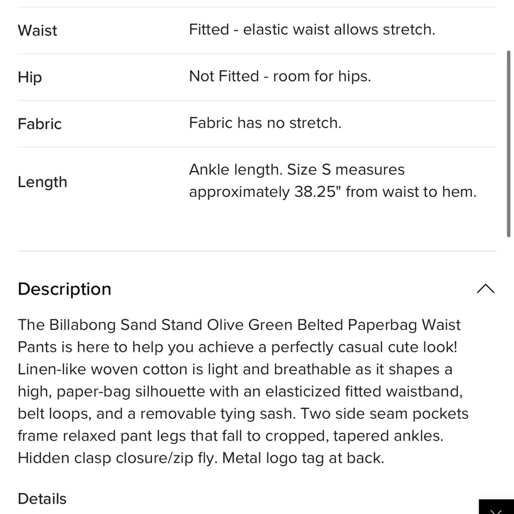 Billabong Cotton Green Cropped Paper-Bag Waist Pants - Picture 16 of 16